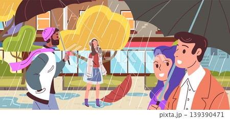 People rainy street. Rain weather, couple walking umbrella autumn city woman man walk town pavement people raincoat cold wet september romantic season classy vector illustration People rainy street. Rain weather, couple walking umbrella autumn city woman man walk town pavement people raincoat cold wet september romantic season classy vector illustration 139390471