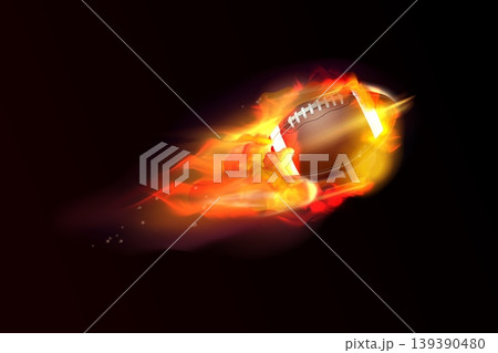 Rugby fire ball. Realistic american football ball burning flames speed flying with smoke ball goal throw flame sport game match play concept 3d isolated exact vector illustration 139390480