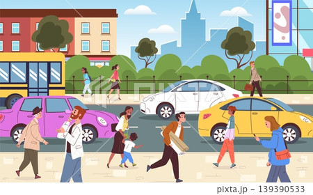 Crowd people walk street. City street road walking path, diverse citizen group character, building urban landscape panorama man woman child pedestrian classy vector illustration 139390533