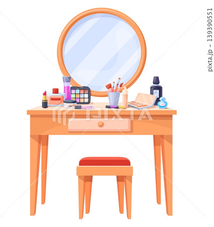 Makeup table. Dressing make up desk with mirror, boudoir room interior furniture chair stool cosmetic tools perfume female girl beauty products cartoon neat vector illustration 139390551