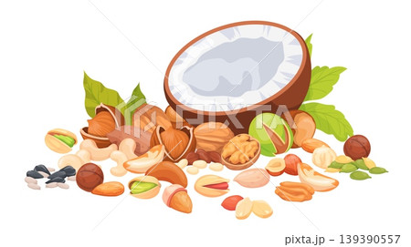 Nuts mix. Nut and seeds pile, dry almond peanut walnut hazelnut cashew seed pistachio bunch healthy snack vegetarian food collection cartoon set isolated neat vector illustration Nuts mix. Nut and seeds pile, dry almond peanut walnut hazelnut cashew seed pistachio bunch healthy snack vegetarian food collection cartoon set isolated neat vector illustration 139390557