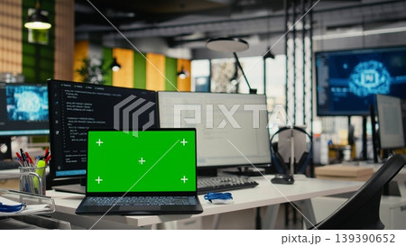 Isolated screen laptop on office desk used to implement algorithms enabling machine learning. Artificial intelligence technology company workspace with mockup notebook used to conduct code reviews Isolated screen laptop on office desk used to implement algorithms enabling machine learning. Artificial intelligence technology company workspace with mockup notebook used to conduct code reviews 139390652
