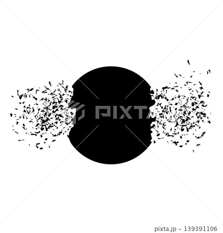 Shattered circle banner explodes, crashed round shape with fractured edges and scattered black cracks vector design 139391106