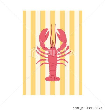 A pink lobster against a background of yellow and white vertical stripes in a flat style. A pink lobster against a background of yellow and white vertical stripes in a flat style. 139391174
