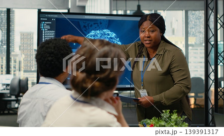 Tech startup manager doing presentation for investors gathered in boardroom. African american woman showcasing latest innovations in AI sector at corporate event in front of businesspeople, camera B Tech startup manager doing presentation for investors gathered in boardroom. African american woman showcasing latest innovations in AI sector at corporate event in front of businesspeople, camera B 139391317