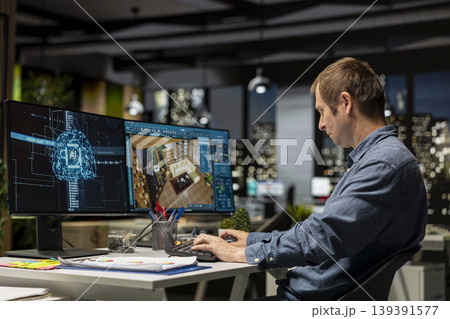 Architect engineer using AI neural networks on home modeling program to design a new apartment layout, virtual assistant helps with furniture and floor plan on architectural software. 139391577