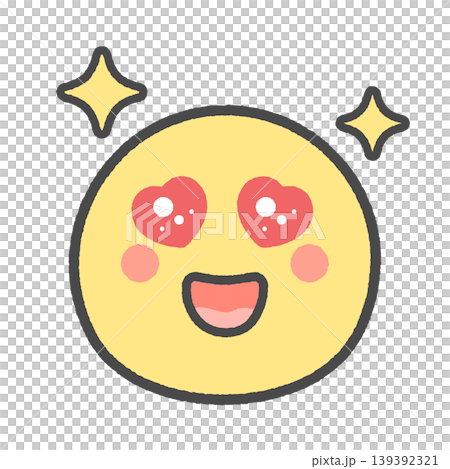 Cute hand-drawn emoji icon with teary, heart-shaped eyes - A sparkling smile for a thrilling fan/idol activity image. Cute hand-drawn emoji icon with teary, heart-shaped eyes - A sparkling smile for a thrilling fan/idol activity image. 139392321