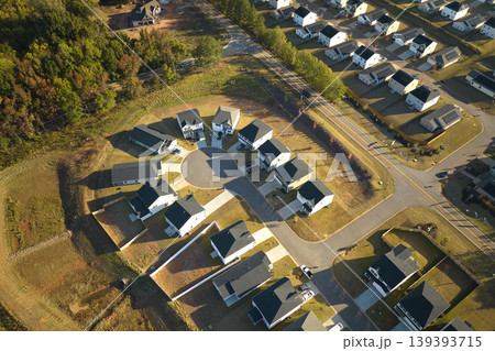 Aerial view of cul-de-sac at neighborhood street dead end with tightly packed homes in South Carolina living aeria. Family houses as example of real estate development in american suburbs Aerial view of cul-de-sac at neighborhood street dead end with tightly packed homes in South Carolina living aeria. Family houses as example of real estate development in american suburbs 139393715