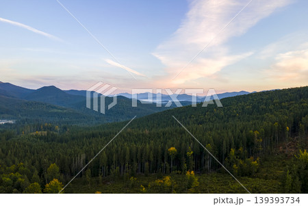 Aerial view of bright foggy morning over dark deforestated peaks with cut down mountain forest trees at autumn sunrise. Beautiful scenery of wild woodland at risk of human destruction Aerial view of bright foggy morning over dark deforestated peaks with cut down mountain forest trees at autumn sunrise. Beautiful scenery of wild woodland at risk of human destruction 139393734