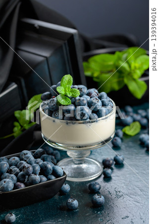 Panna cotta with fresh blueberries in a clear bowl. Panna cotta with fresh blueberries in a clear bowl. 139394016