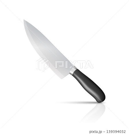 Vector Chef Knife, Isolated. Kitchen Cooking Knife with Black Handle. Professional Stainless Steel Blade for Food Preparation. Restaurant and Home Cooking Utensil Vector Chef Knife, Isolated. Kitchen Cooking Knife with Black Handle. Professional Stainless Steel Blade for Food Preparation. Restaurant and Home Cooking Utensil 139394032