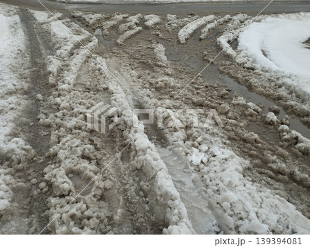 Slush ice, slurry mixture of small ice crystals, snow and liquid water. Slush forms when ice or snow melts during mixed precipitation with dirt and pollutants, resulting in gray or muddy brown color. Slush ice, slurry mixture of small ice crystals, snow and liquid water. Slush forms when ice or snow melts during mixed precipitation with dirt and pollutants, resulting in gray or muddy brown color. 139394081
