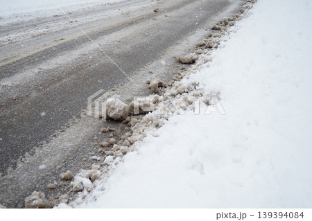 Slush ice, slurry mixture of small ice crystals, snow and liquid water. Slush forms when ice or snow melts during mixed precipitation with dirt and pollutants, resulting in gray or muddy brown color. 139394084