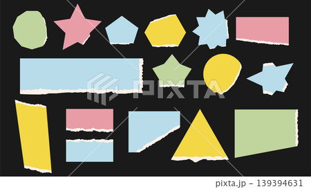 Ripped paper frames and abstract shapes. Vector set of torn background elements, banners, and cutout design objects for collage. Ripped paper frames and abstract shapes. Vector set of torn background elements, banners, and cutout design objects for collage. 139394631