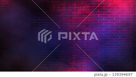 Dark Cyber Brick Wall Texture. Neon Glow Background Dark Cyber Brick Wall Texture. Neon Glow Background 139394697