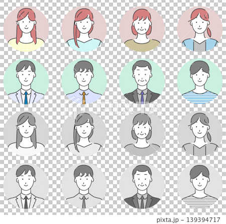 Figure, upper body, front view, monochrome and color, set Figure, upper body, front view, monochrome and color, set 139394717