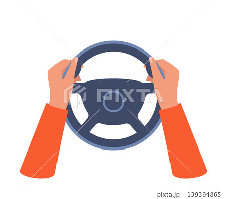 Human hands holding car steering wheel. Auto part for control drive and turn. Leather automobile steering wheel with mode and vehicle horn button. Vector illustration. 139394865