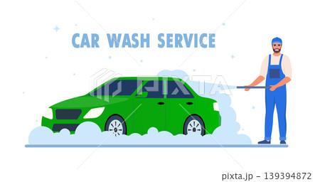Car washing. Male car washer character and auto. Cleanliness and hygiene. Advertising poster or banner for website. Marketing and promotion. Vector illustration 139394872