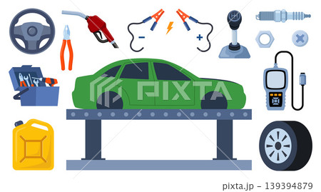 Car service, maintenance and repair elements. Car assembly, production. Mechanics checks and maintains, car on lift in service workshop. Vector illustration. Car service, maintenance and repair elements. Car assembly, production. Mechanics checks and maintains, car on lift in service workshop. Vector illustration. 139394879