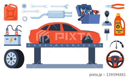 Car service, maintenance and repair elements. Car assembly, production. Mechanics checks and maintains, car on lift in service workshop. Vector illustration. Car service, maintenance and repair elements. Car assembly, production. Mechanics checks and maintains, car on lift in service workshop. Vector illustration. 139394881