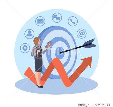 High return on investment. Social media marketing communication, online content, aim with arrow in center, businesswoman near target, strategy management vector cartoon isolated concept 139395044
