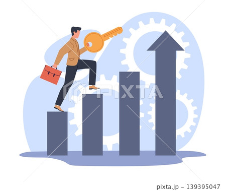 Key to business success. Career advancement, man is climbing on growing schedule, professional strategic development with key access, man climbs bar chart vector cartoon isolated concept Key to business success. Career advancement, man is climbing on growing schedule, professional strategic development with key access, man climbs bar chart vector cartoon isolated concept 139395047
