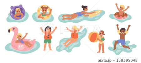 Kids safety in water. Happy children with inflatable mattresses, life jackets and rings, aquapark characters in pool floats, swimming leisure activities, garish vector cartoon isolated set Kids safety in water. Happy children with inflatable mattresses, life jackets and rings, aquapark characters in pool floats, swimming leisure activities, garish vector cartoon isolated set 139395048