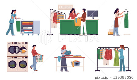 Laundry visitor and workers. People take care of clothes, professional service, cleaning, washing, drying, steaming, housekeeping men and women, nowaday vector cartoon isolated concept Laundry visitor and workers. People take care of clothes, professional service, cleaning, washing, drying, steaming, housekeeping men and women, nowaday vector cartoon isolated concept 139395050