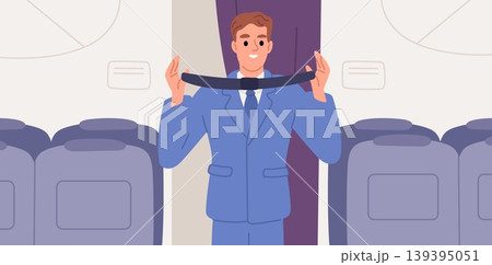 Passengers on board aircraft. Steward demonstrates safety techniques, precautions during flight, plane cabin seats instruction, crew air travel, garish vector cartoon isolated concept 139395051