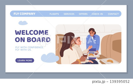 Passengers on plane landing. Airline website, online ticket purchase, flight registration and navigation menu ordering, service, web banner design, garish vector cartoon isolated concept 139395052