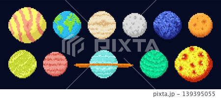Pixel planets. Open space elements, solar system objects, retro 8 bit computer graphic for video games, colorful cosmic earth, mars, moon crater and asteroid, qualitative vector cartoon set 139395055