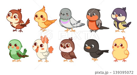 Bird breeds. Funny little feathered friends, kids design, cute cartoon characters, adorable sparrow, pigeon, titmouse and bullfinch, wildlife colorful animals tidy vector isolated mascot set Bird breeds. Funny little feathered friends, kids design, cute cartoon characters, adorable sparrow, pigeon, titmouse and bullfinch, wildlife colorful animals tidy vector isolated mascot set 139395072