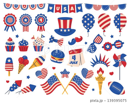 Cartoon usa independence day elements. Doodle style american july holiday items, colors of national flag, stars and stripes national pattern. Festive celebration fireworks, classy vector set 139395075