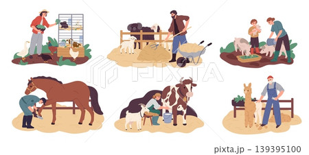 Happy farmers care animals. People keep household, take care of livestock and poultry, milking cows, cut wool, hay being, daily agriculture work food production garish vector cartoon set Happy farmers care animals. People keep household, take care of livestock and poultry, milking cows, cut wool, hay being, daily agriculture work food production garish vector cartoon set 139395100
