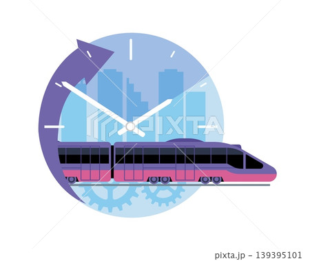 High speed transport. Railway passenger vehicle, scheduled accuracy, fast highspeed train, meeting deadlines, urban infrastructure planning, timetable icon vector cartoon isolated concept High speed transport. Railway passenger vehicle, scheduled accuracy, fast highspeed train, meeting deadlines, urban infrastructure planning, timetable icon vector cartoon isolated concept 139395101