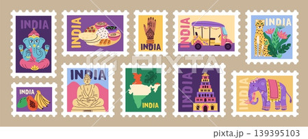 India travel cards. Postage stamps with attractions, cultural sites, traditional national patterns and cuisine, eastern country food, animals and transport, garish vector cartoon flat set India travel cards. Postage stamps with attractions, cultural sites, traditional national patterns and cuisine, eastern country food, animals and transport, garish vector cartoon flat set 139395103