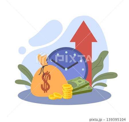 Investment growth. Increasing profits and financial success, new opportunity, money and banking finance, bag and clock, banknotes and success upward arrow, vector cartoon isolated concept Investment growth. Increasing profits and financial success, new opportunity, money and banking finance, bag and clock, banknotes and success upward arrow, vector cartoon isolated concept 139395104