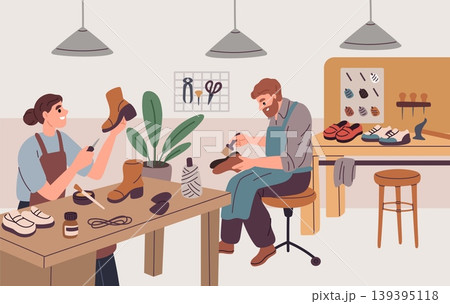 Shoe workshop. Craftsmen repair and create footwear, boots sewing, polishing, people in aprons pierce skin, glue soles, professionals artisan work, garish vector cartoon isolated concept 139395118