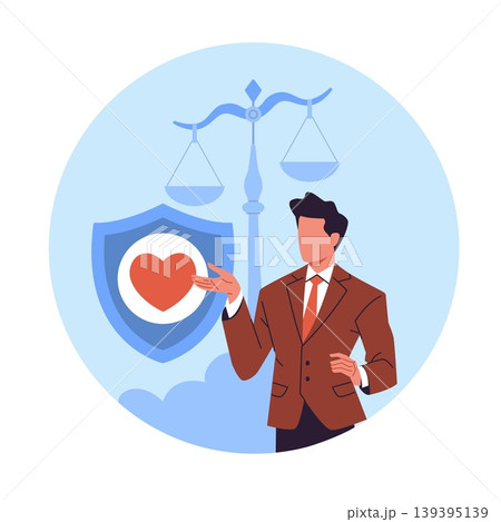 Core corporate value. Honesty, ethics, keeping promises, protection of interests, lawyer with justice symbols, client protection, trust in legal services vector cartoon isolated concept Core corporate value. Honesty, ethics, keeping promises, protection of interests, lawyer with justice symbols, client protection, trust in legal services vector cartoon isolated concept 139395139