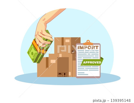 Customs tax on goods importation. Hand with wad of banknotes, packages approval, cardboard boxes, shipment authorization, import approval with payment, vector cartoon isolated concept Customs tax on goods importation. Hand with wad of banknotes, packages approval, cardboard boxes, shipment authorization, import approval with payment, vector cartoon isolated concept 139395148