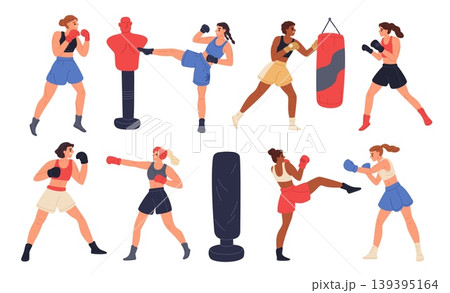 Female boxing. Professional athletes train, practicing strikes and protection, sports tops and shorts, girls fighters, combat sports fitness, gym workout, garish vector cartoon isolated set Female boxing. Professional athletes train, practicing strikes and protection, sports tops and shorts, girls fighters, combat sports fitness, gym workout, garish vector cartoon isolated set 139395164