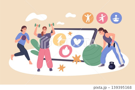 Fitness training app people. Girls in sportswear, improving body and life quality, workout platform, online service, healthy lifestyle management garish vector cartoon isolated concept 139395168