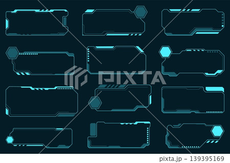 Futuristic sci fi frames. Glowing techno design borders, game assets, hud elements, hi tech templates, text boxes, interface panels, neon borders and hexagon elements, qualitative vector set Futuristic sci fi frames. Glowing techno design borders, game assets, hud elements, hi tech templates, text boxes, interface panels, neon borders and hexagon elements, qualitative vector set 139395169