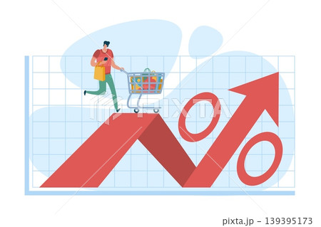 Inflationary process. Growth and rising food prices and goods, population impoverishment, economic problems, retail market trends, purchasing behavior, vector cartoon isolated concept 139395173