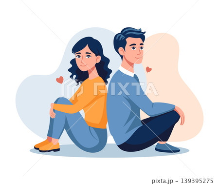 Young couple in love sitting back to back with hearts. Illustration. Young couple in love sitting back to back with hearts. Illustration. 139395275