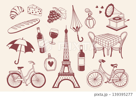Parisian themed elements collection. French cafe elements, wine, croissant, retro bicycle. Romantic travel symbols. Sketch. Parisian themed elements collection. French cafe elements, wine, croissant, retro bicycle. Romantic travel symbols. Sketch. 139395277