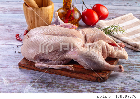Whole raw duck prepared for roasting with tomatoes, garlic, rosemary, and spices on a rustic table Whole raw duck prepared for roasting with tomatoes, garlic, rosemary, and spices on a rustic table 139395376