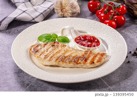 Grilled Turkey Breast, Ketchup, Fresh Basil, Tomatoes, Garlic, Healthy Meal Grilled Turkey Breast, Ketchup, Fresh Basil, Tomatoes, Garlic, Healthy Meal 139395450