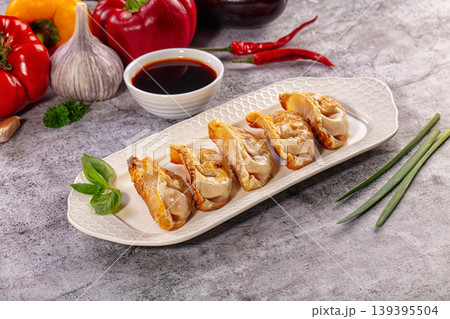 Fried Asian dumplings gyoza on white plate with soy sauce and fresh vegetables on gray background Fried Asian dumplings gyoza on white plate with soy sauce and fresh vegetables on gray background 139395504