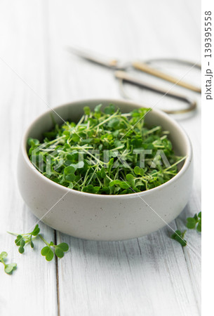 Fresh green microgreens in bowl with kitchen scissors 139395558